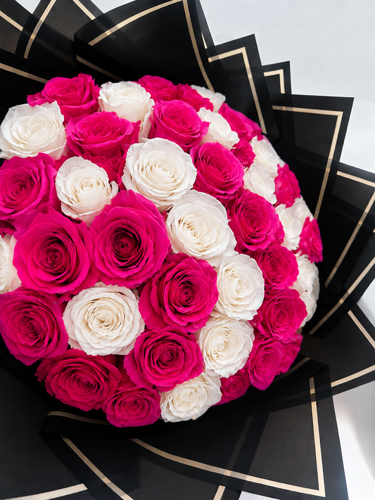 50 Hot Pink/White Roses Bouquet