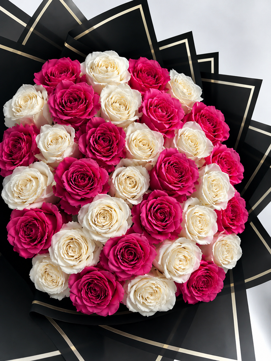 50 Ivory/Hot Pink Roses Bouquet